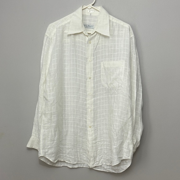 Salvatore Ferragamo Men's White Checkered Long Sleeve Shirt size L